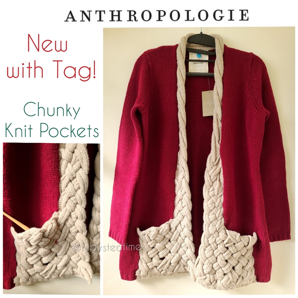 100% LambsWool Chunky Knit Maroon Burgundy Dk Red Cardigan, Braided Knit Pockets
